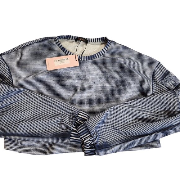 Micas Womens Medium Gingham Print Long Sleeve Faux Denim Crop Top With Pockets - Picture 2 of 7